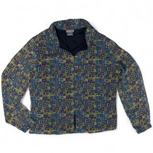 Vintage 90s Geometric Print Button Up Blouse Blue Yellow Retro Mod Top Size 10